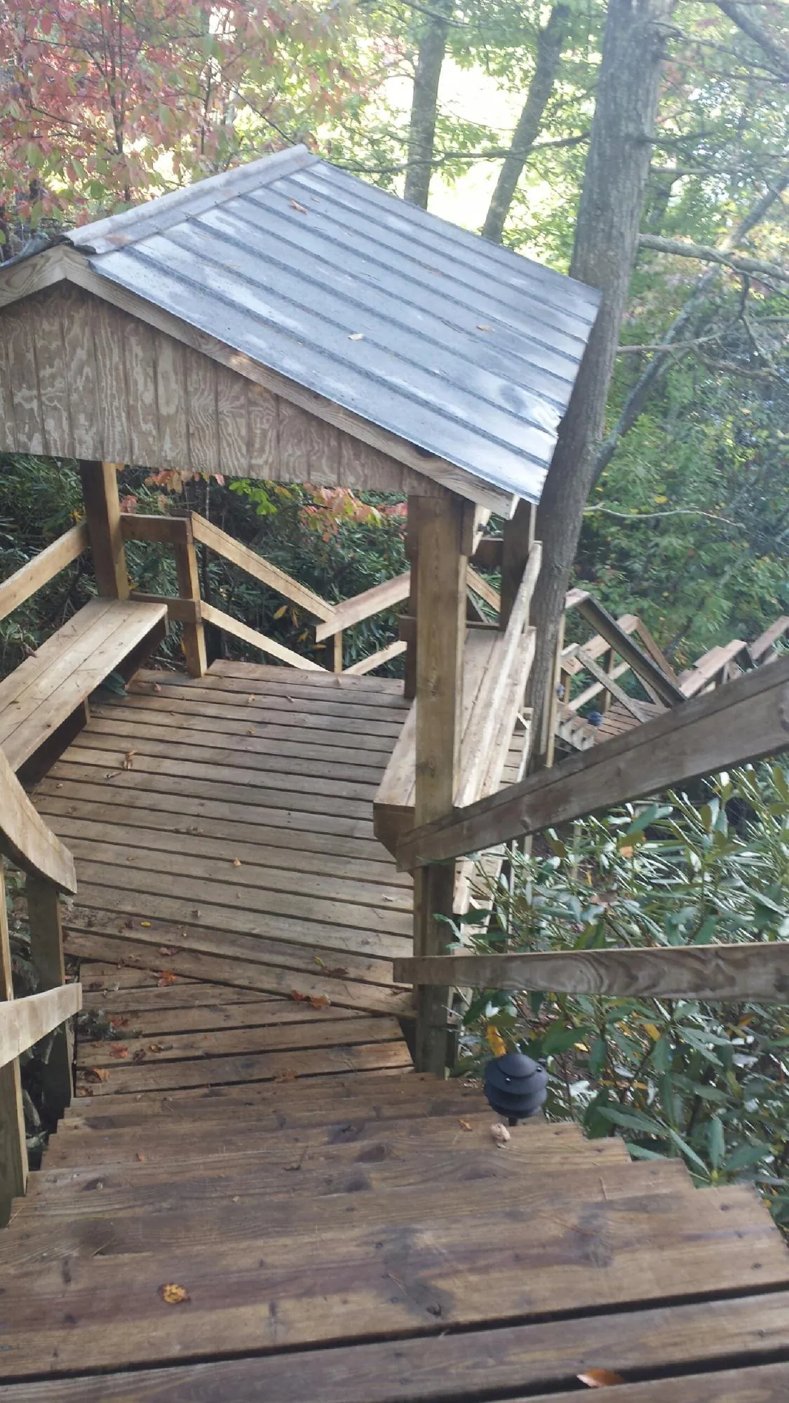 Metal roofed shelter over wooden steps on a wooded walkway — Skylight Repair & Installation work by our crew in Molalla